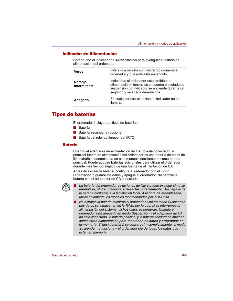 Indicador de alimentación, Tipos de baterías, Batería | Indicador de alimentación -5, Tipos de baterías -5, Batería -5 | Toshiba Tecra M3 with VACF User Manual | Page 127 / 256