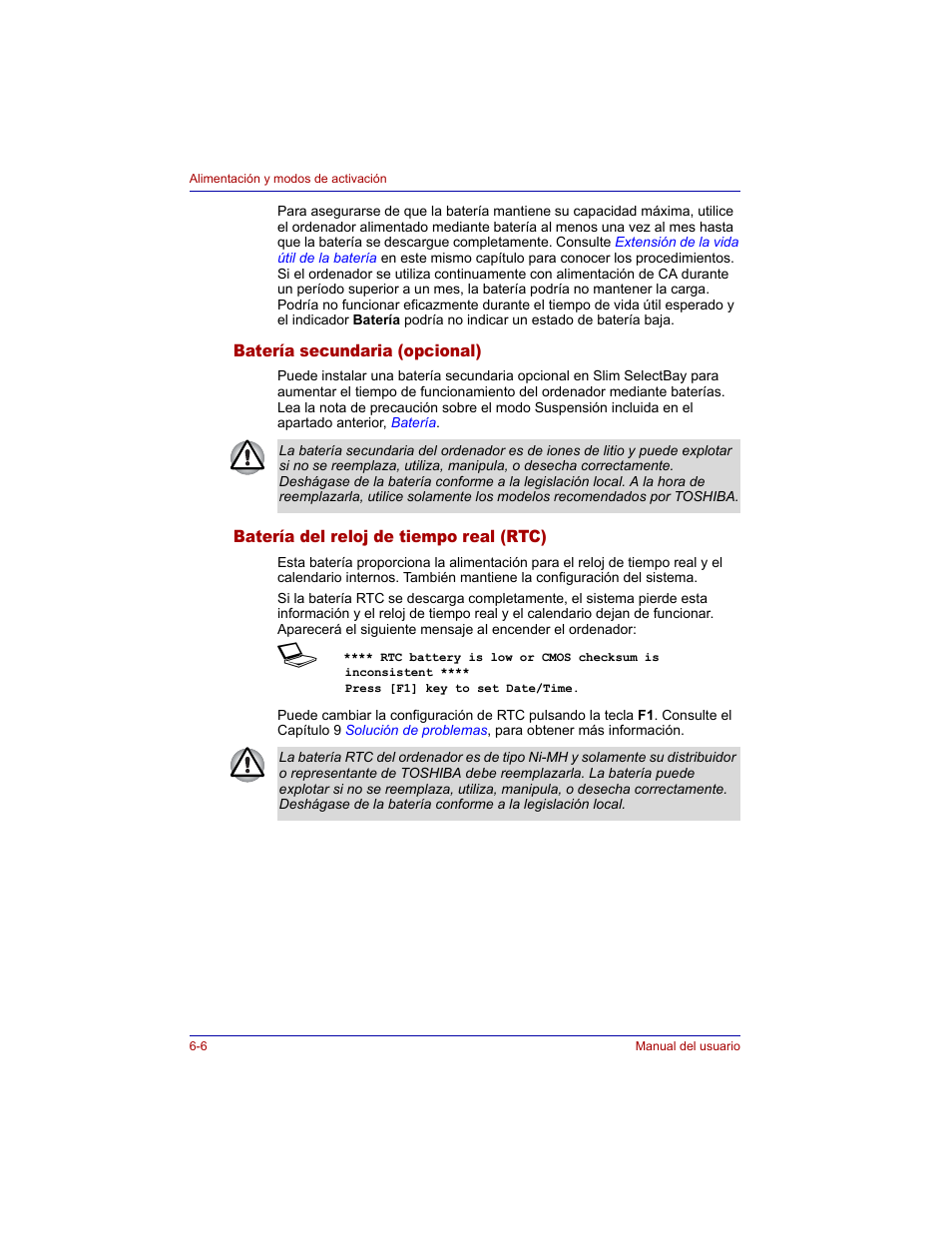 Batería secundaria (opcional), Batería del reloj de tiempo real (rtc) | Toshiba Tecra M3 with VACF User Manual | Page 128 / 256