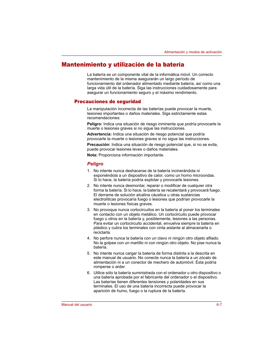 Mantenimiento y utilización de la batería, Precauciones de seguridad, Mantenimiento y utilización de la batería -7 | Precauciones de seguridad -7 | Toshiba Tecra M3 with VACF User Manual | Page 129 / 256