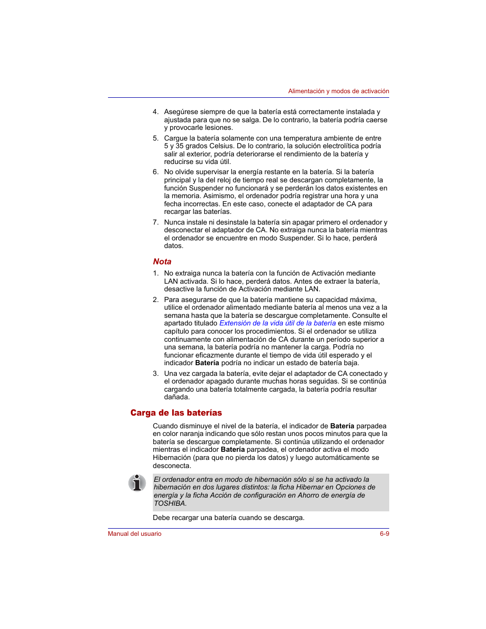 Carga de las baterías, Carga de las baterías -9 | Toshiba Tecra M3 with VACF User Manual | Page 131 / 256