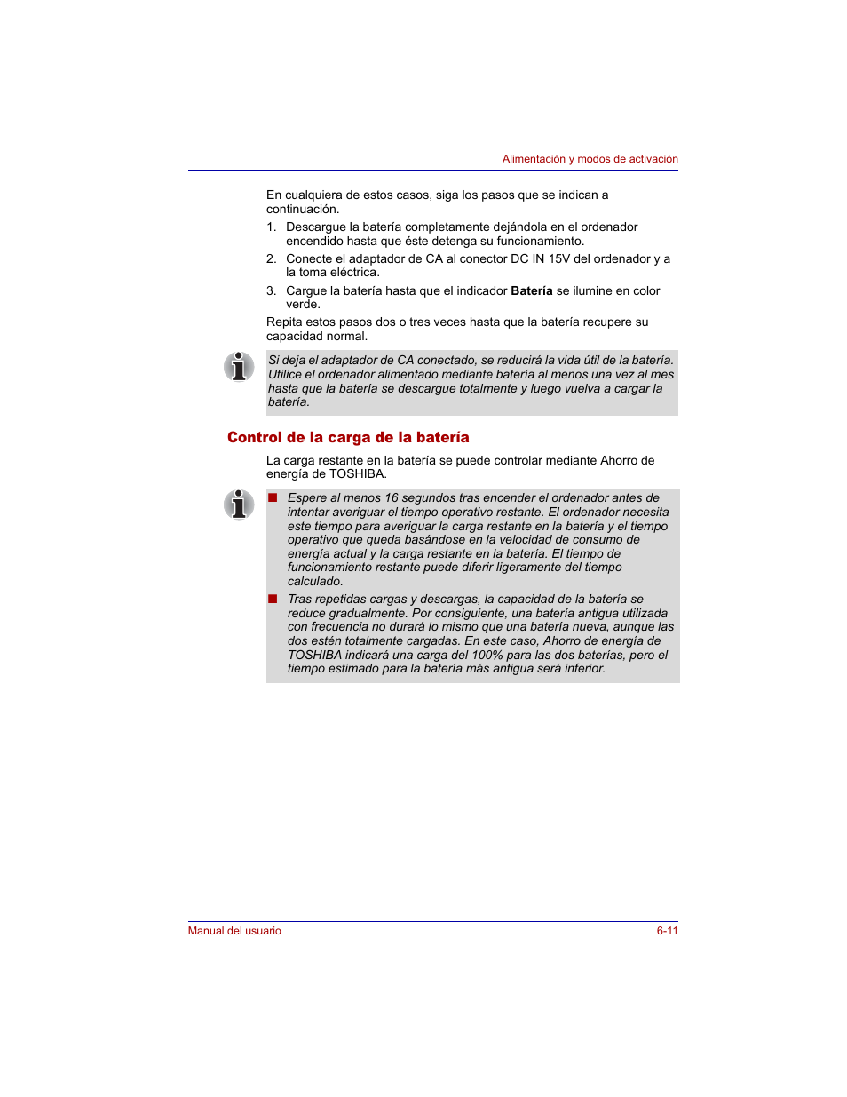 Control de la carga de la batería, Control de la carga de la batería -11 | Toshiba Tecra M3 with VACF User Manual | Page 133 / 256