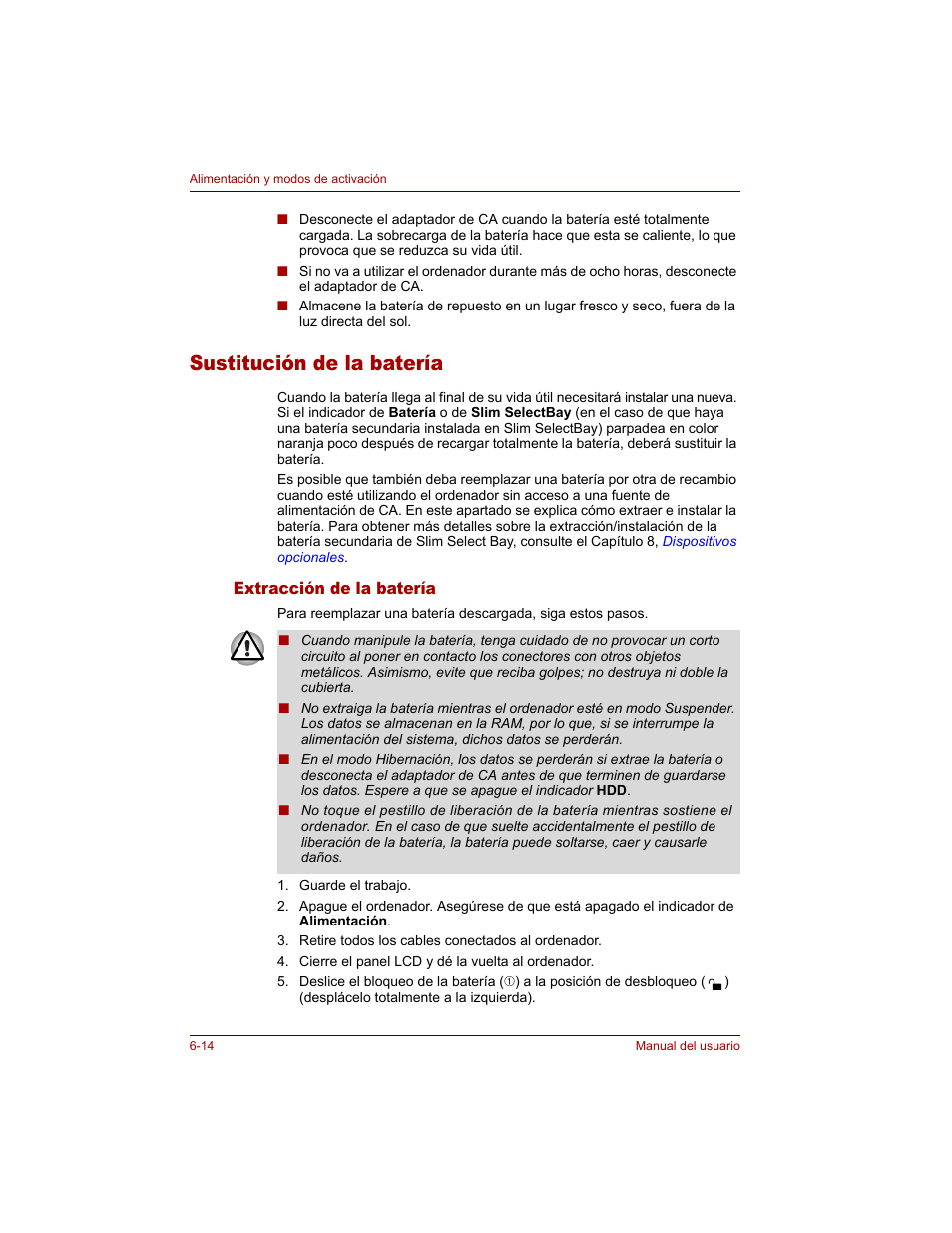 Sustitución de la batería, Extracción de la batería, Sustitución de la batería -14 | Extracción de la batería -14 | Toshiba Tecra M3 with VACF User Manual | Page 136 / 256