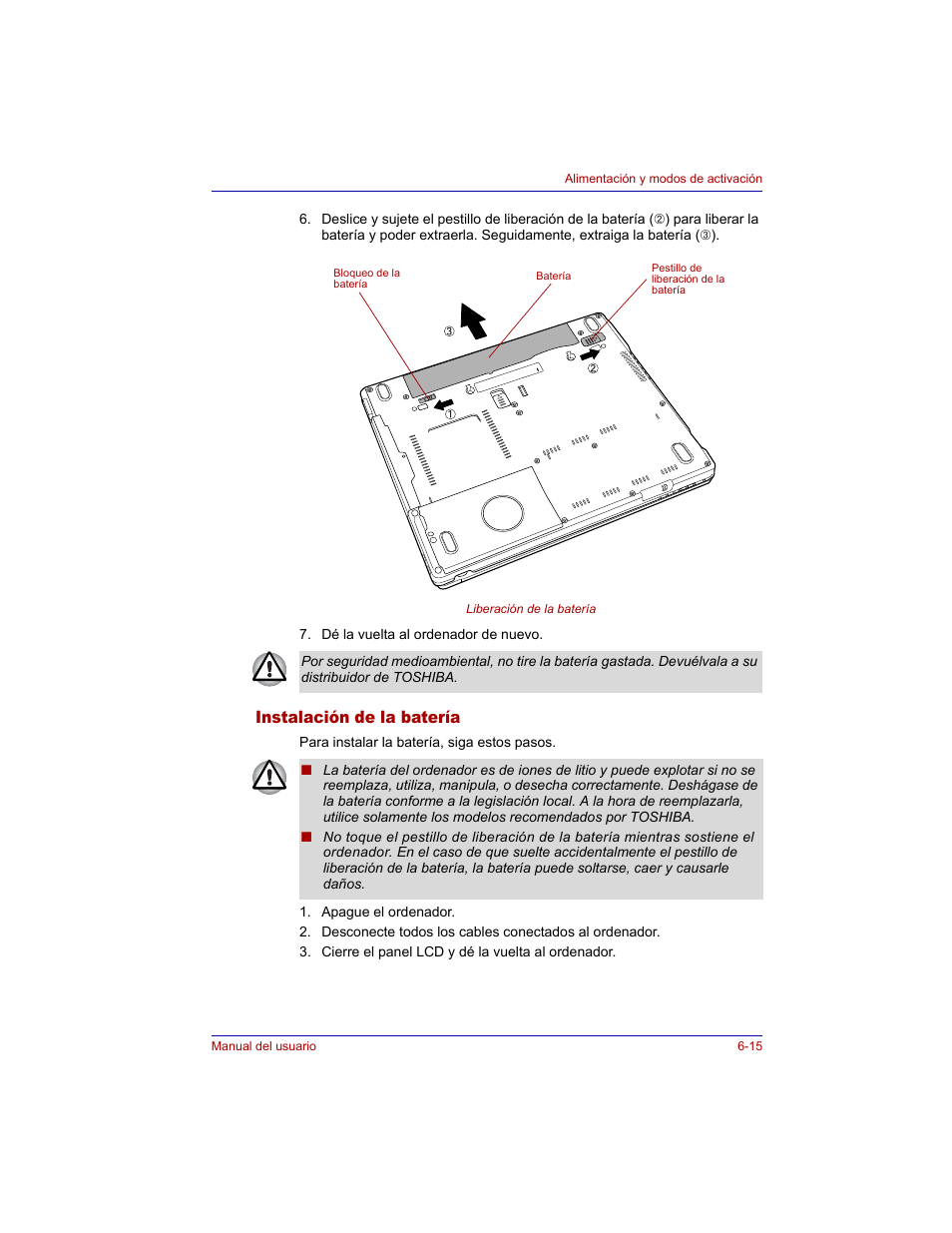 Instalación de la batería, Instalación de la batería -15 | Toshiba Tecra M3 with VACF User Manual | Page 137 / 256