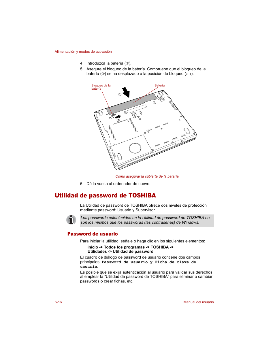 Utilidad de password de toshiba, Password de usuario, Utilidad de password de toshiba -16 | Password de usuario -16 | Toshiba Tecra M3 with VACF User Manual | Page 138 / 256