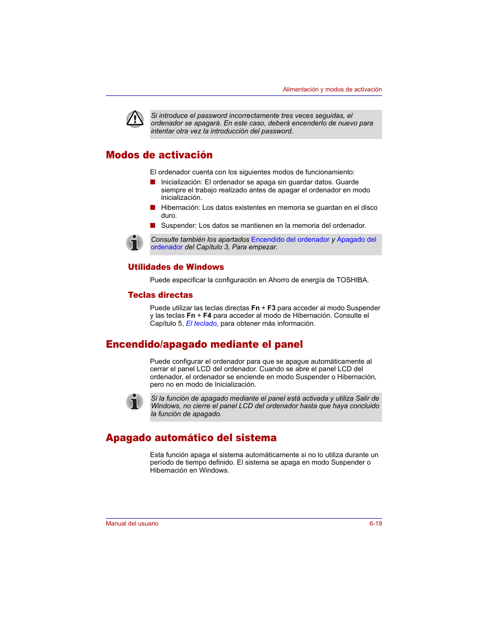 Modos de activación, Utilidades de windows, Teclas directas | Encendido/apagado mediante el panel, Apagado automático del sistema, Modos de activación -19, Utilidades de windows -19 teclas directas -19 | Toshiba Tecra M3 with VACF User Manual | Page 141 / 256