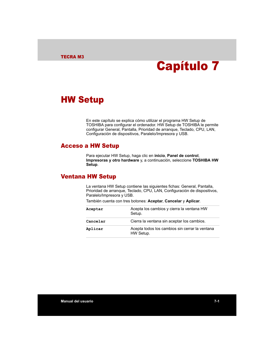 Capítulo 7 - hw setup, Acceso a hw setup, Ventana hw setup | Capítulo 7, Hw setup, Acceso a hw setup -1 ventana hw setup -1, El capítulo 7 | Toshiba Tecra M3 with VACF User Manual | Page 143 / 256