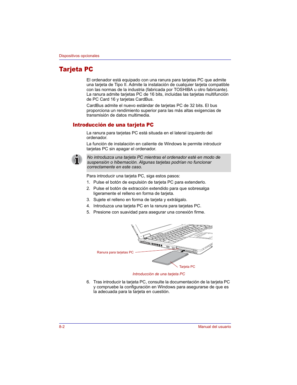 Tarjeta pc, Introducción de una tarjeta pc, Tarjeta pc -2 | Introducción de una tarjeta pc -2 | Toshiba Tecra M3 with VACF User Manual | Page 152 / 256