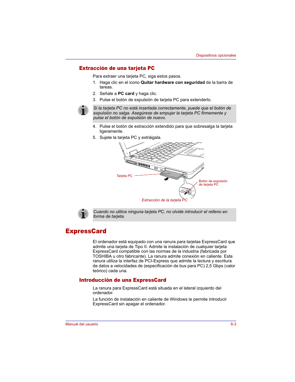 Extracción de una tarjeta pc, Expresscard, Introducción de una expresscard | Extracción de una tarjeta pc -3, Expresscard -3, Introducción de una expresscard -3 | Toshiba Tecra M3 with VACF User Manual | Page 153 / 256