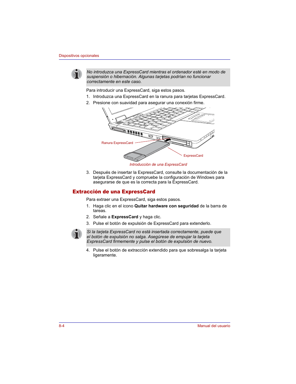 Extracción de una expresscard, Extracción de una expresscard -4 | Toshiba Tecra M3 with VACF User Manual | Page 154 / 256