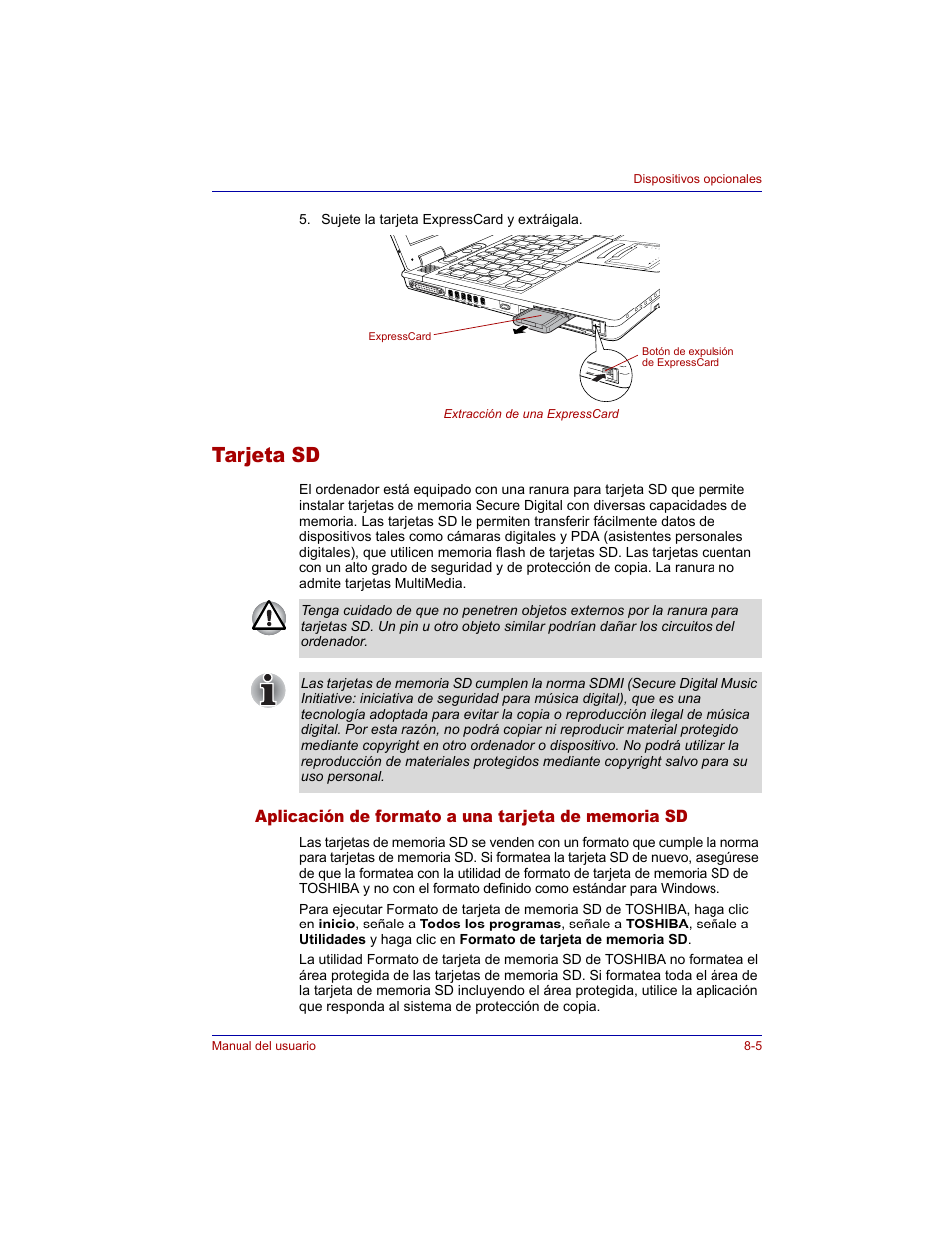 Tarjeta sd, Aplicación de formato a una tarjeta de memoria sd, Tarjeta sd -5 | Toshiba Tecra M3 with VACF User Manual | Page 155 / 256