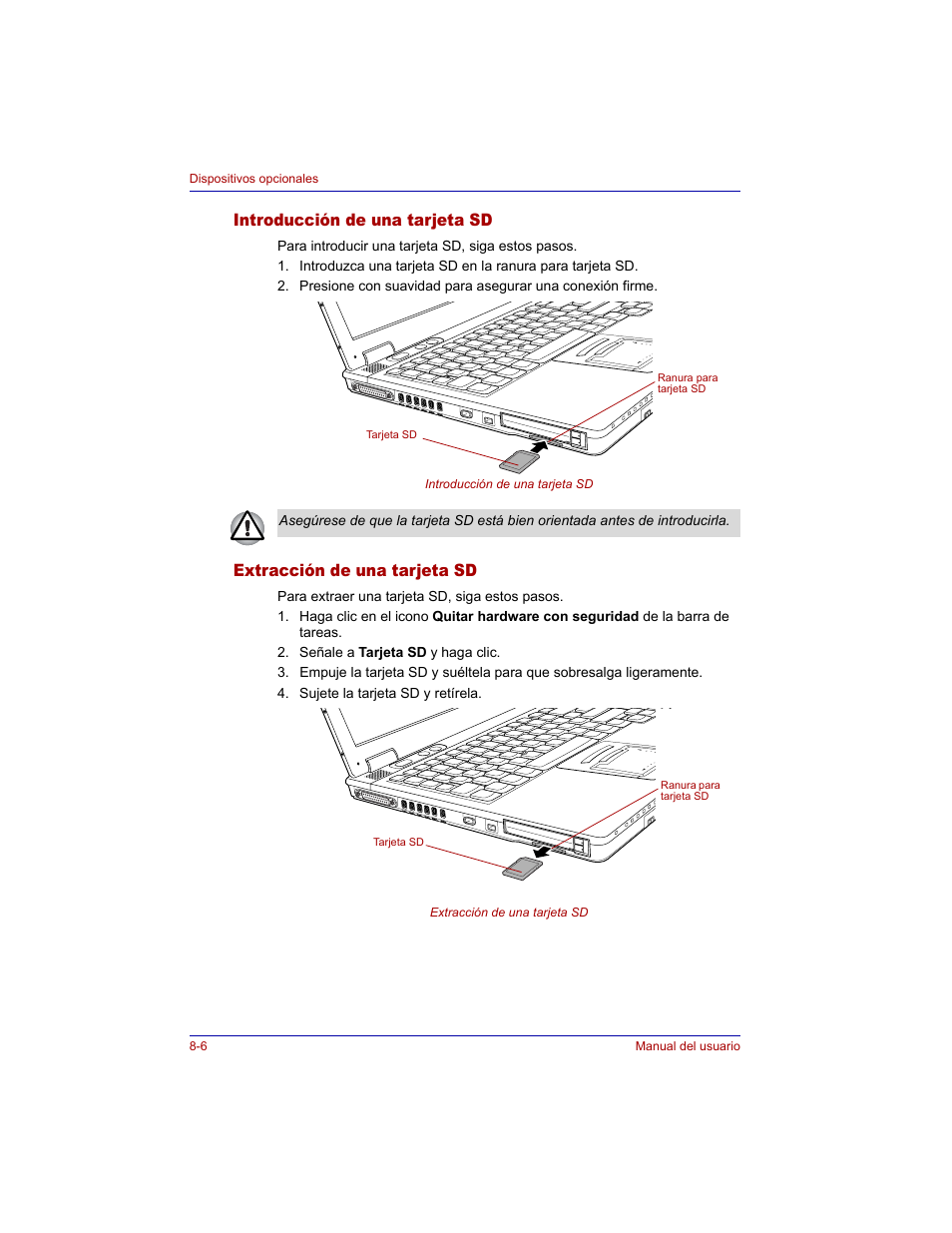 Introducción de una tarjeta sd, Extracción de una tarjeta sd | Toshiba Tecra M3 with VACF User Manual | Page 156 / 256