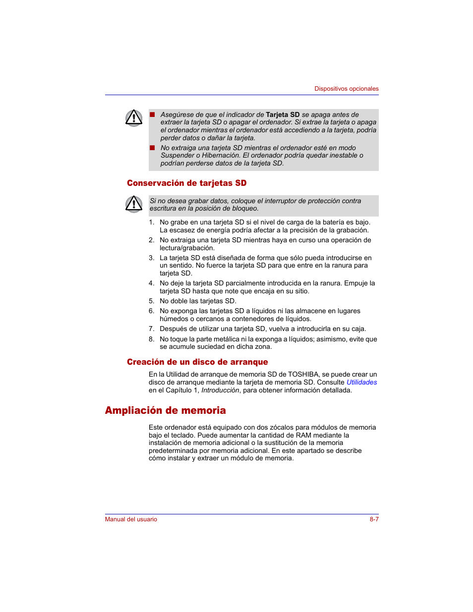 Conservación de tarjetas sd, Creación de un disco de arranque, Ampliación de memoria | Ampliación de memoria -7 | Toshiba Tecra M3 with VACF User Manual | Page 157 / 256