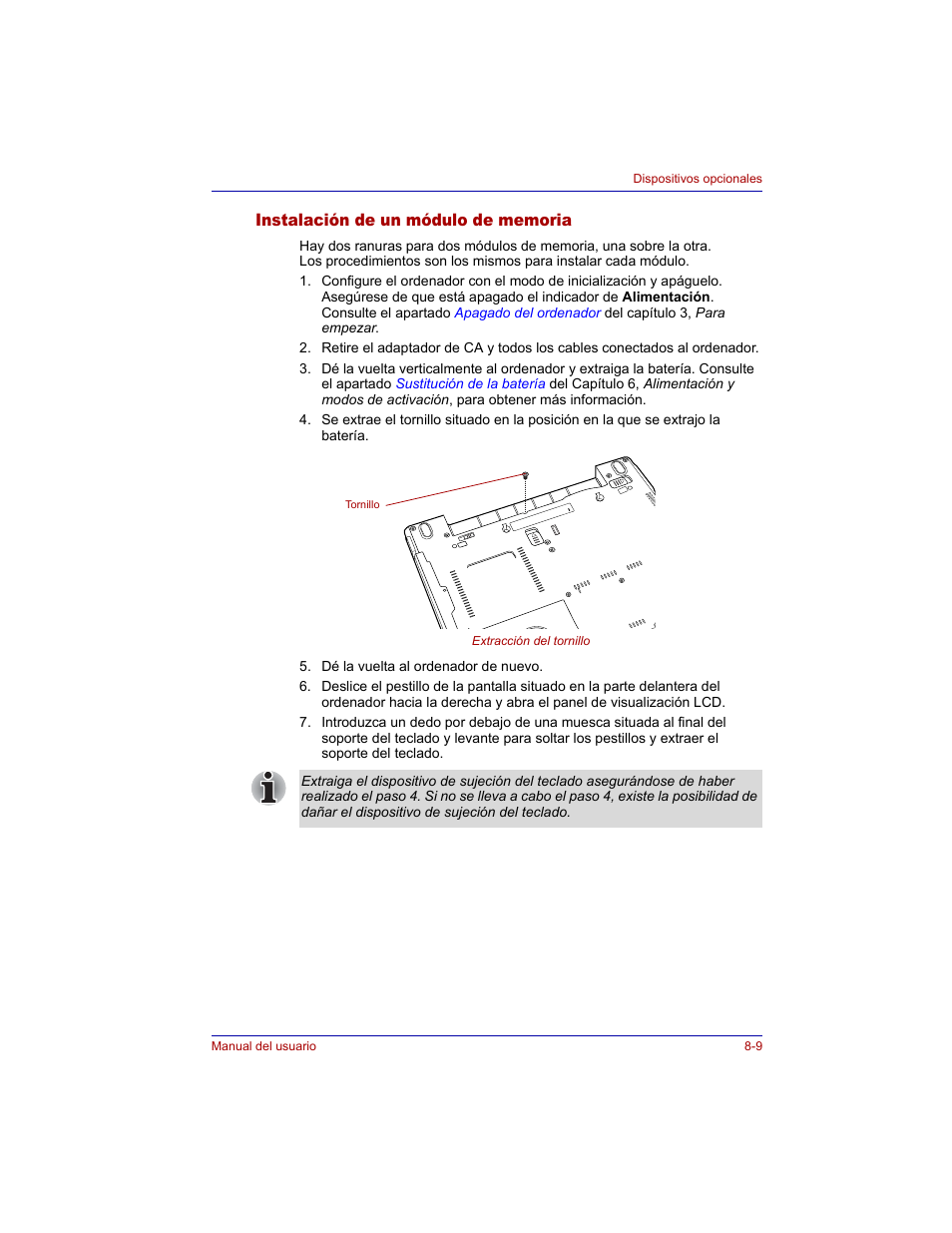 Instalación de un módulo de memoria, Instalación de un módulo de memoria -9 | Toshiba Tecra M3 with VACF User Manual | Page 159 / 256