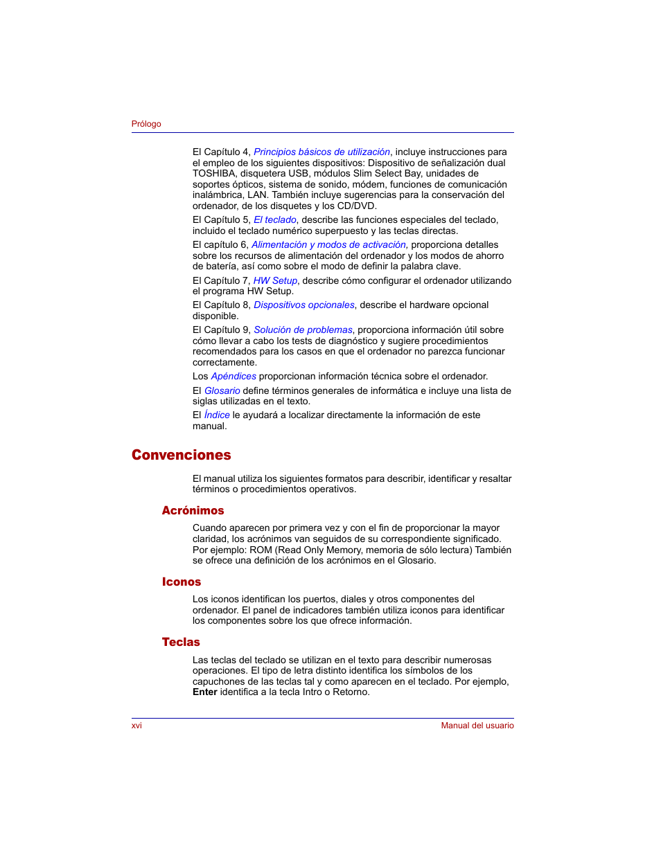 Convenciones, Acrónimos, Iconos | Teclas | Toshiba Tecra M3 with VACF User Manual | Page 16 / 256