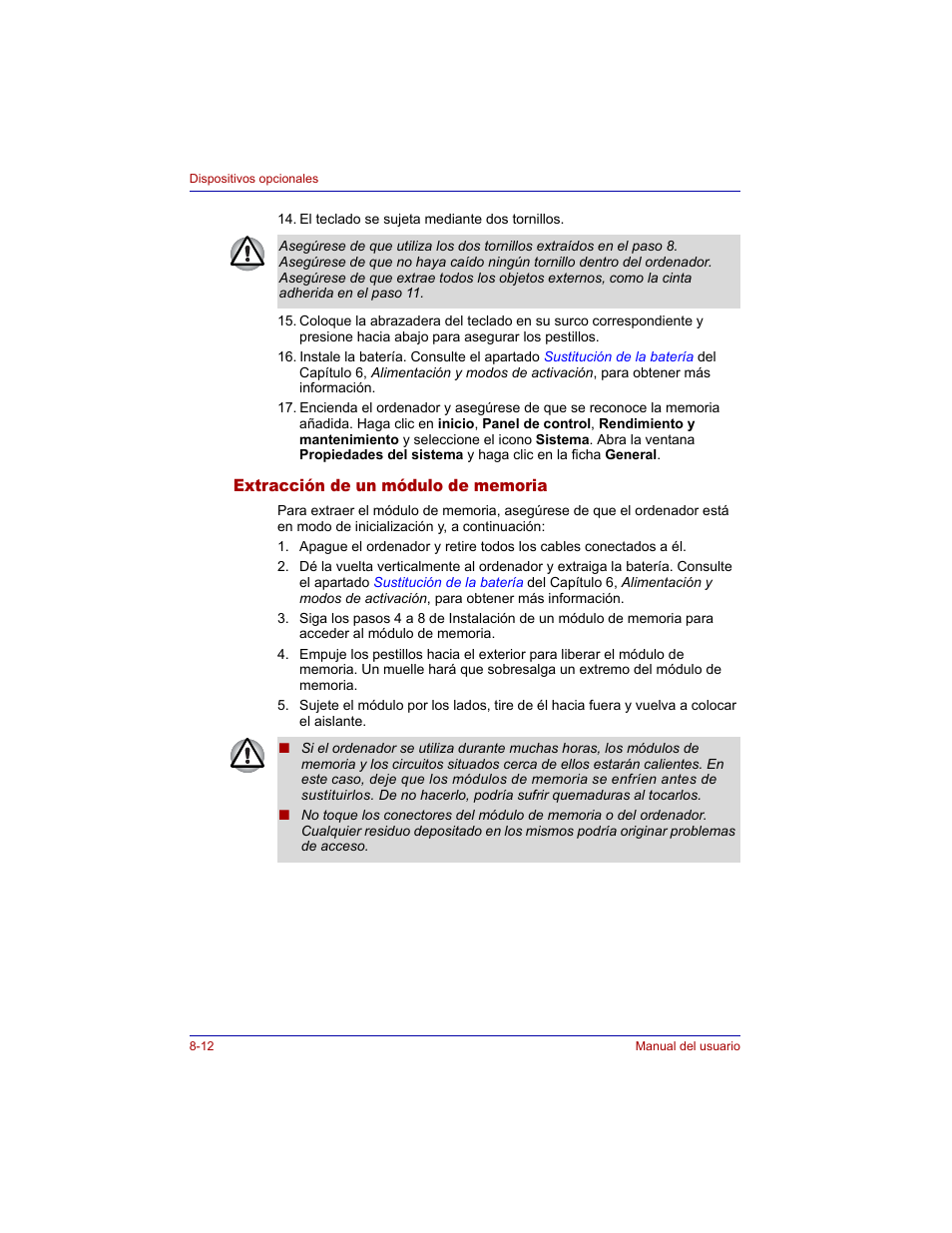 Extracción de un módulo de memoria, Extracción de un módulo de memoria -12 | Toshiba Tecra M3 with VACF User Manual | Page 162 / 256