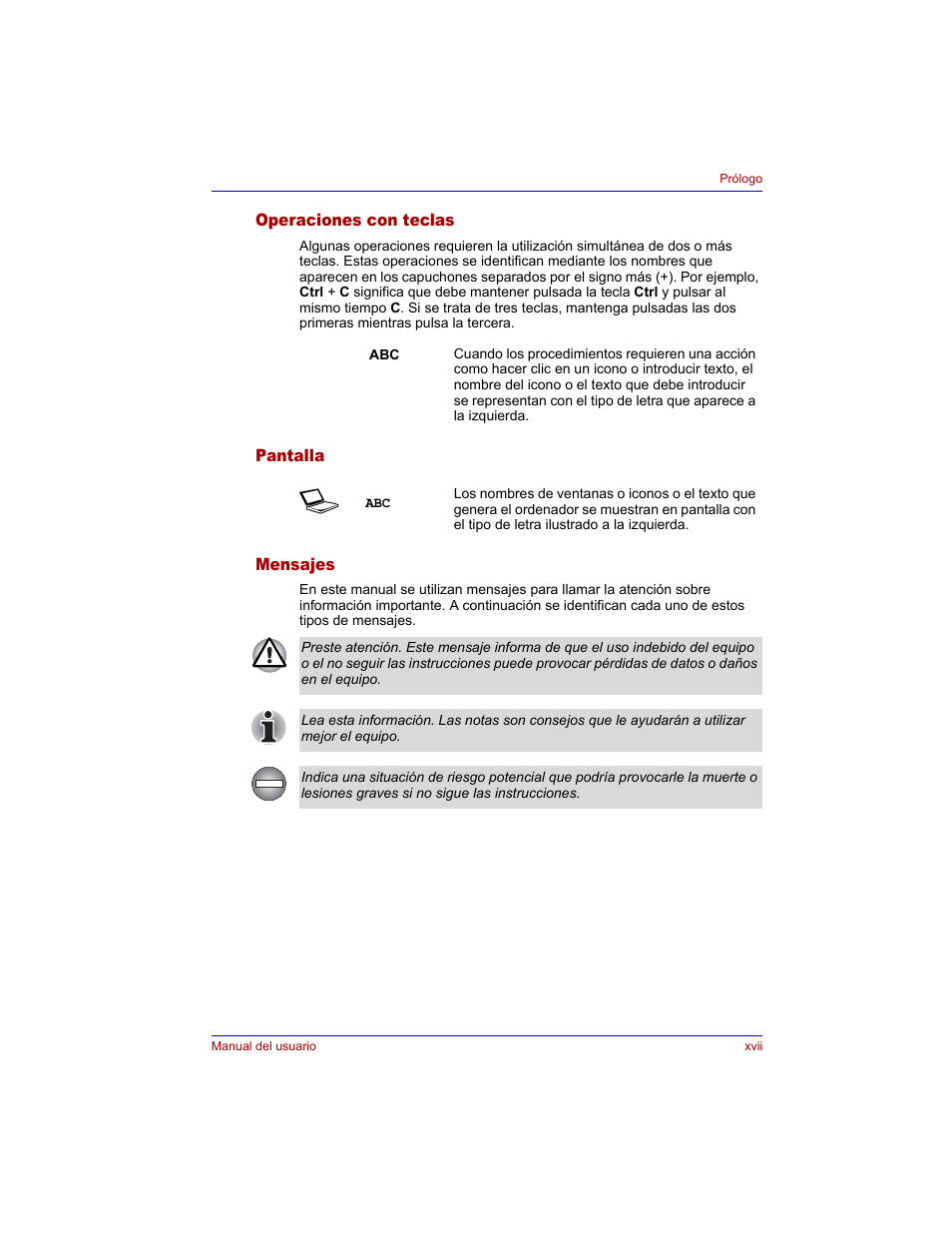 Operaciones con teclas, Pantalla, Mensajes | Toshiba Tecra M3 with VACF User Manual | Page 17 / 256