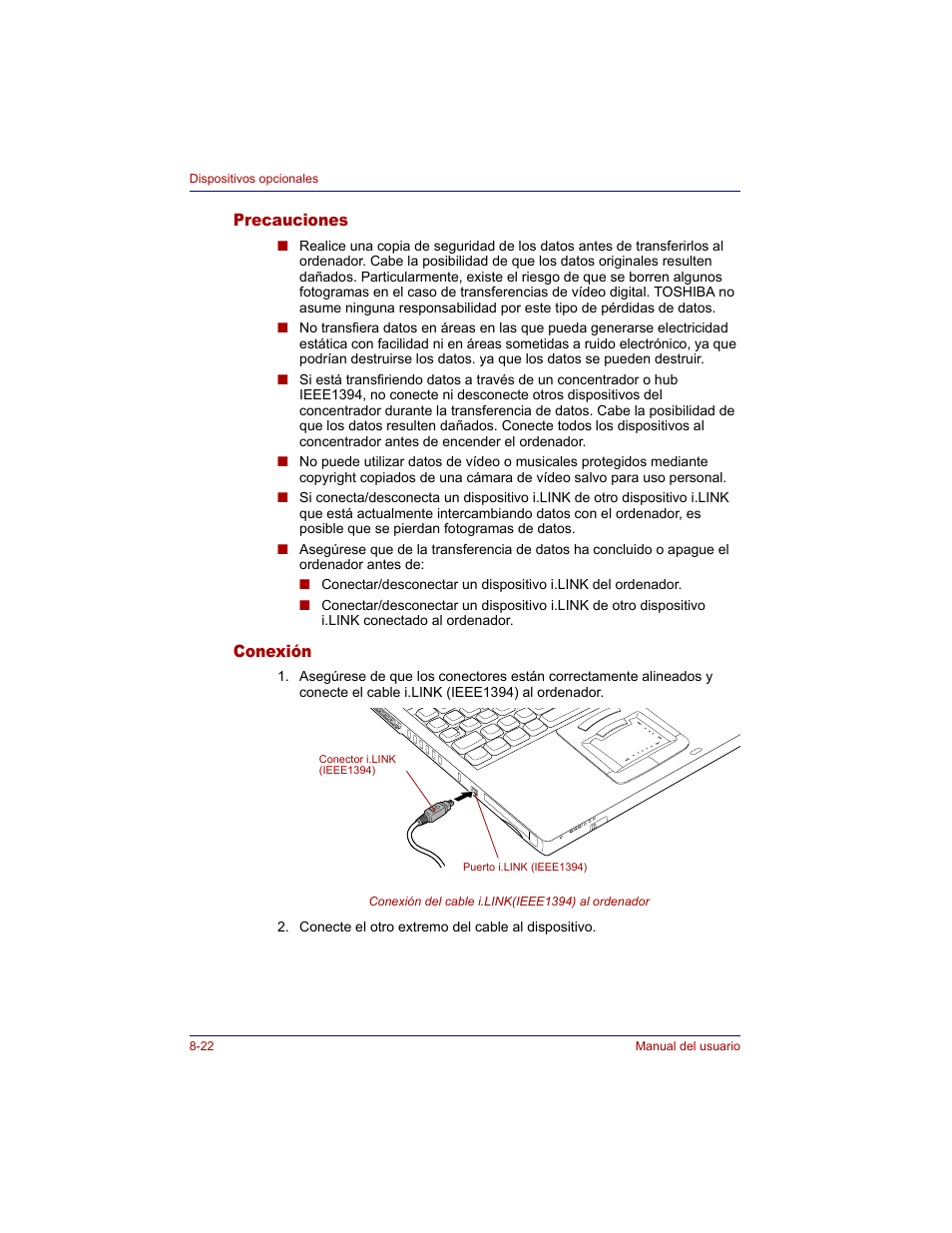 Precauciones, Conexión, Precauciones -22 conexión -22 | Toshiba Tecra M3 with VACF User Manual | Page 172 / 256