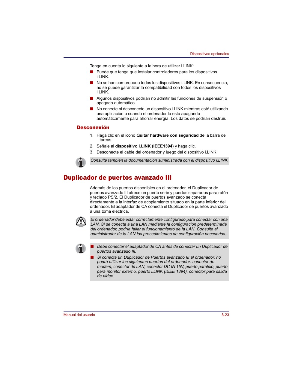 Desconexión, Duplicador de puertos avanzado iil, Desconexión -23 | Duplicador de puertos avanzado iil -23 | Toshiba Tecra M3 with VACF User Manual | Page 173 / 256