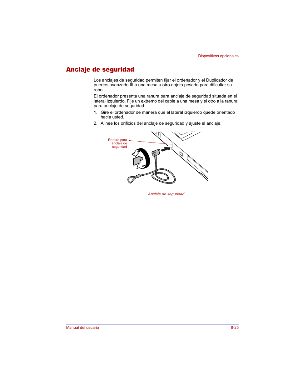Anclaje de seguridad, Anclaje de seguridad -25 | Toshiba Tecra M3 with VACF User Manual | Page 175 / 256