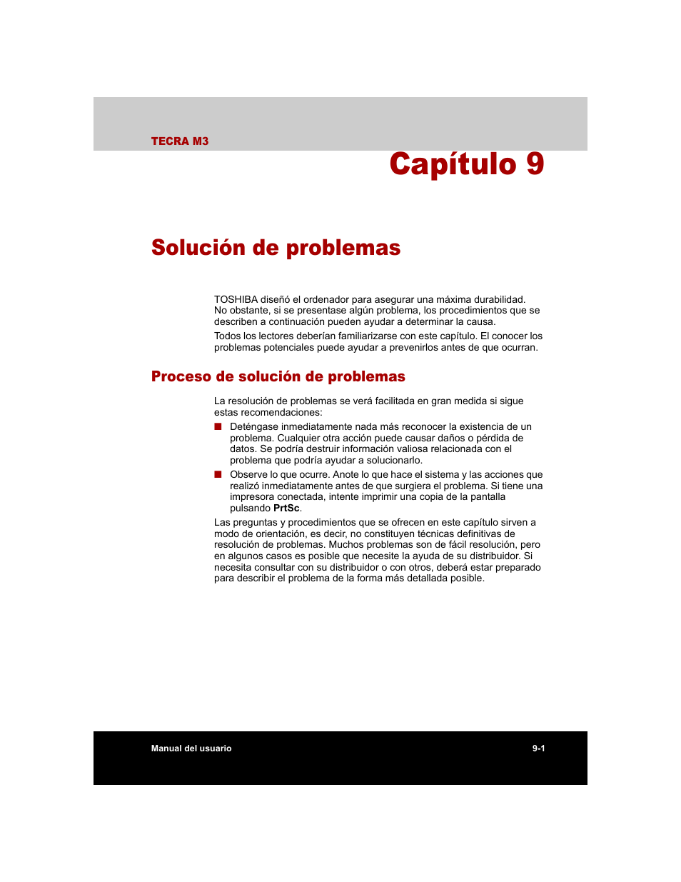 Capítulo 9 - solución de problemas, Proceso de solución de problemas, Capítulo 9 | Solución de problemas, Proceso de solución de problemas -1 | Toshiba Tecra M3 with VACF User Manual | Page 177 / 256