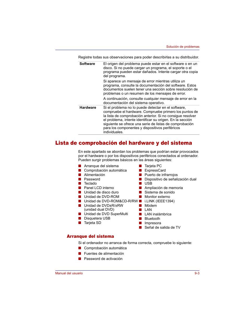 Lista de comprobación del hardware y del sistema, Arranque del sistema, Arranque del sistema -3 | Toshiba Tecra M3 with VACF User Manual | Page 179 / 256