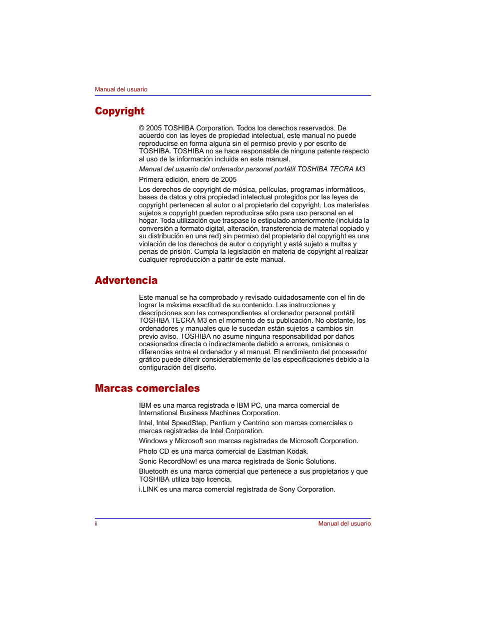 Copyright, Advertencia, Marcas comerciales | Toshiba Tecra M3 with VACF User Manual | Page 2 / 256