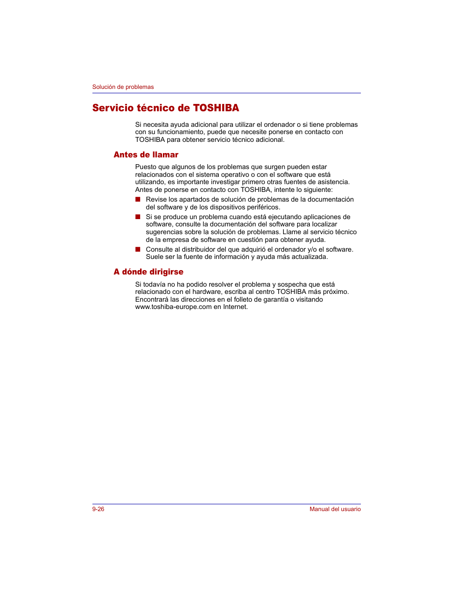 Servicio técnico de toshiba, Antes de llamar, A dónde dirigirse | Servicio técnico de toshiba -26, Antes de llamar -26 a dónde dirigirse -26 | Toshiba Tecra M3 with VACF User Manual | Page 202 / 256