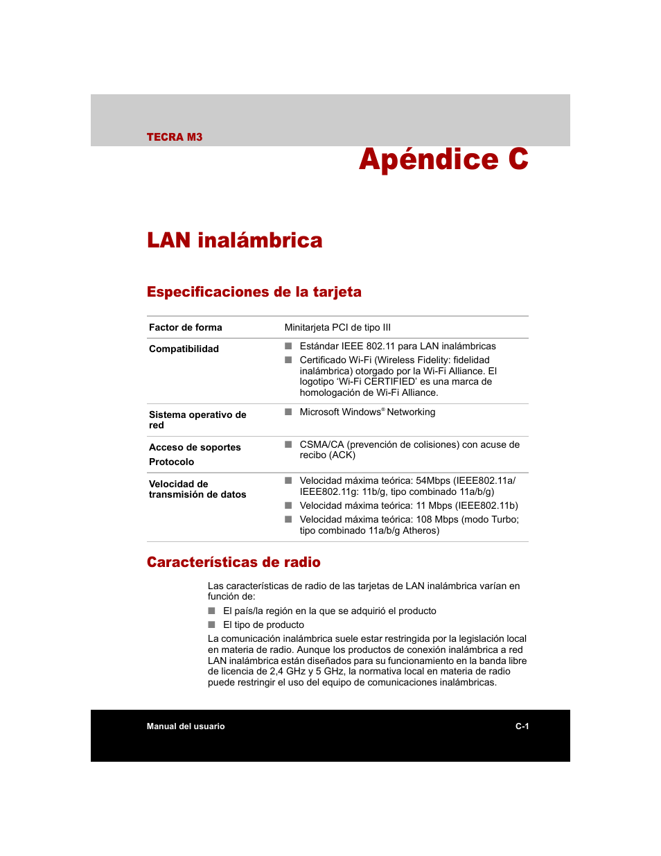 Apéndice c - lan inalámbrica, Especificaciones de la tarjeta, Características de radio | Apéndice c, Lan inalámbrica | Toshiba Tecra M3 with VACF User Manual | Page 217 / 256