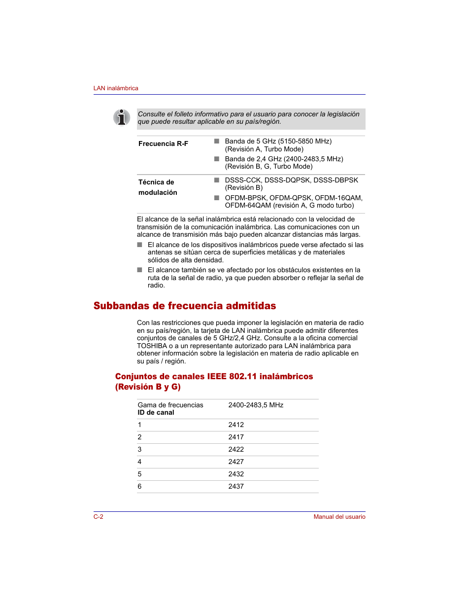 Subbandas de frecuencia admitidas | Toshiba Tecra M3 with VACF User Manual | Page 218 / 256