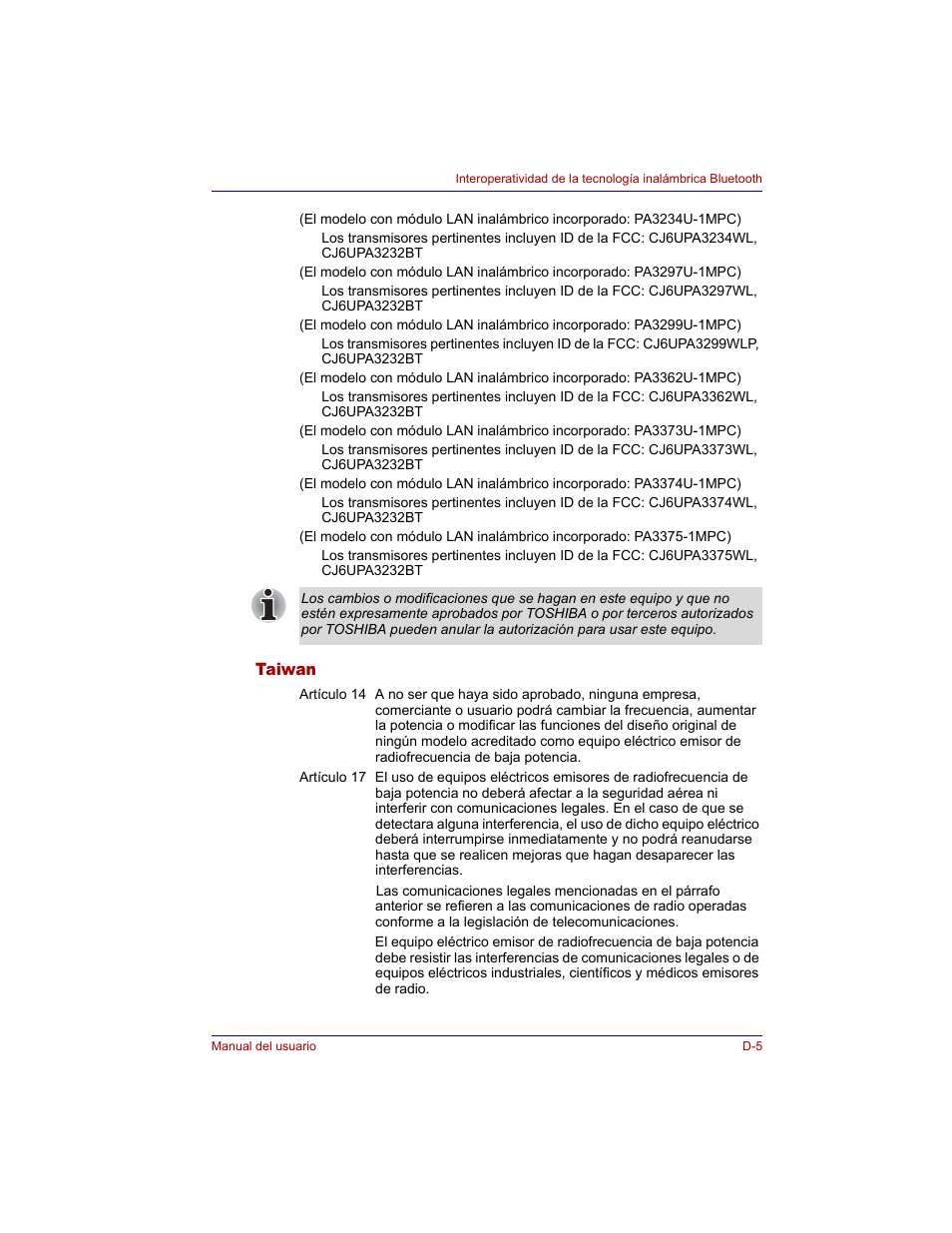 Taiwan | Toshiba Tecra M3 with VACF User Manual | Page 225 / 256
