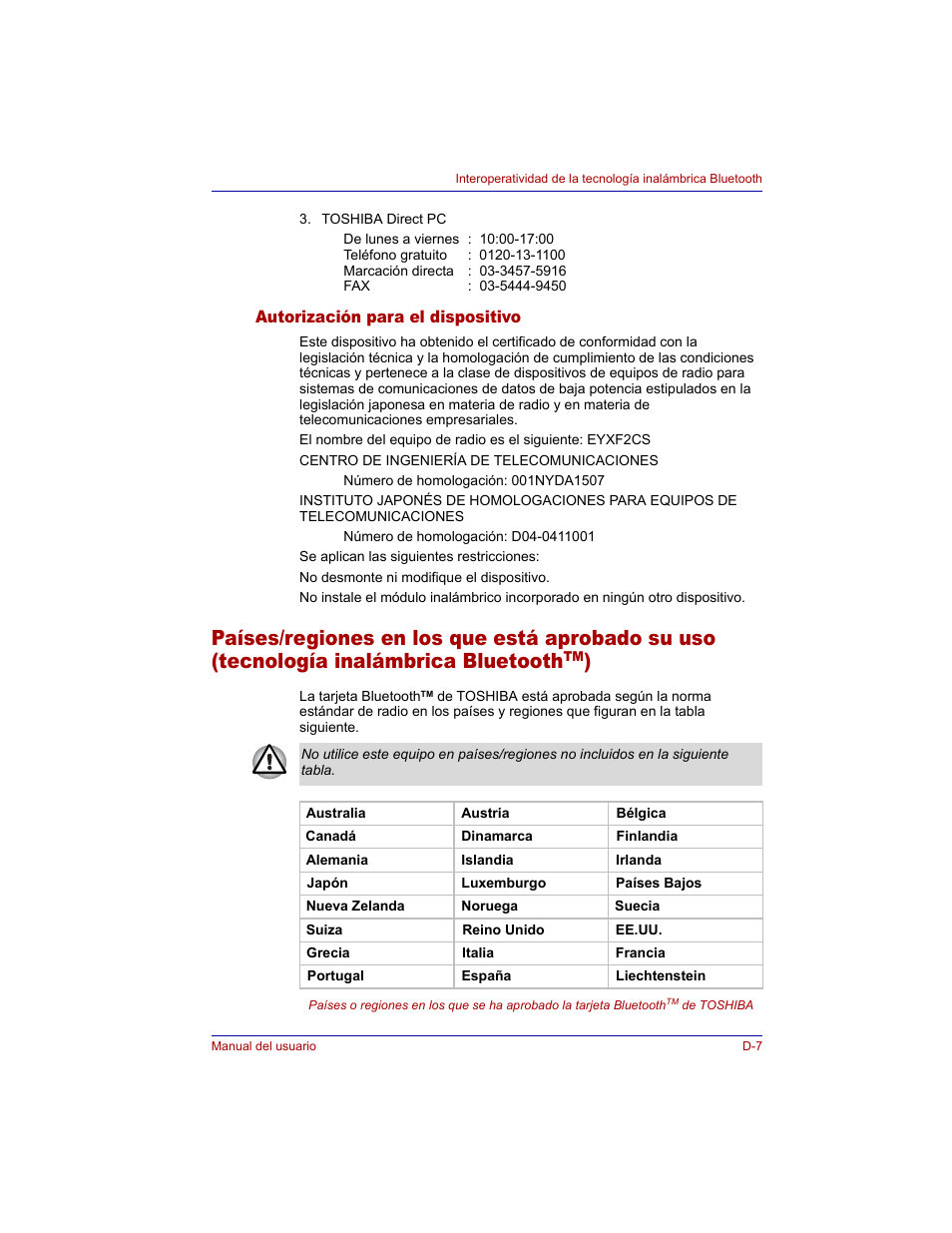 Autorización para el dispositivo | Toshiba Tecra M3 with VACF User Manual | Page 227 / 256