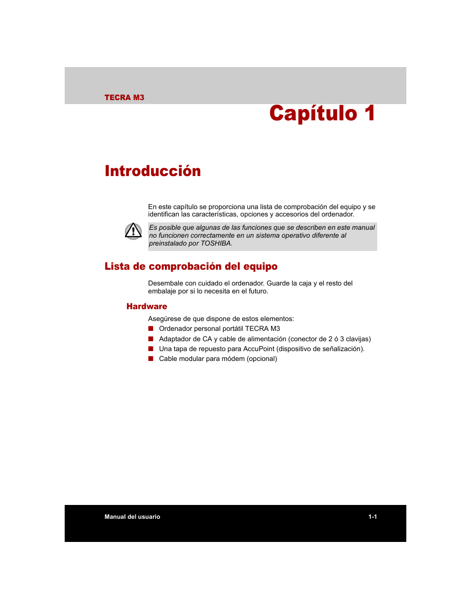 Capítulo 1 - introducción, Lista de comprobación del equipo, Hardware | Capítulo 1, Introducción, Lista de comprobación del equipo -1, Hardware -1, Es una | Toshiba Tecra M3 with VACF User Manual | Page 23 / 256