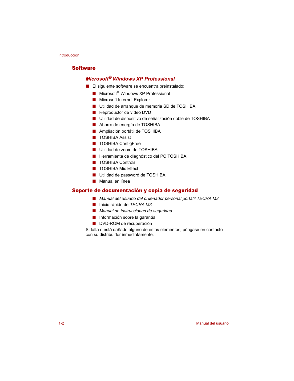 Software, Soporte de documentación y copia de seguridad | Toshiba Tecra M3 with VACF User Manual | Page 24 / 256