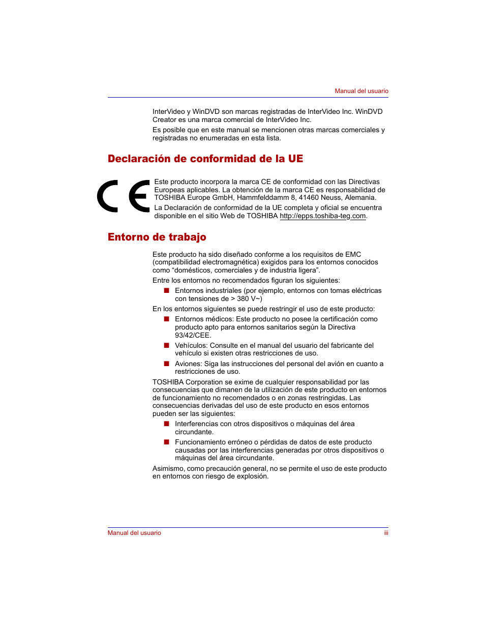 Declaración de conformidad de la ue, Entorno de trabajo | Toshiba Tecra M3 with VACF User Manual | Page 3 / 256