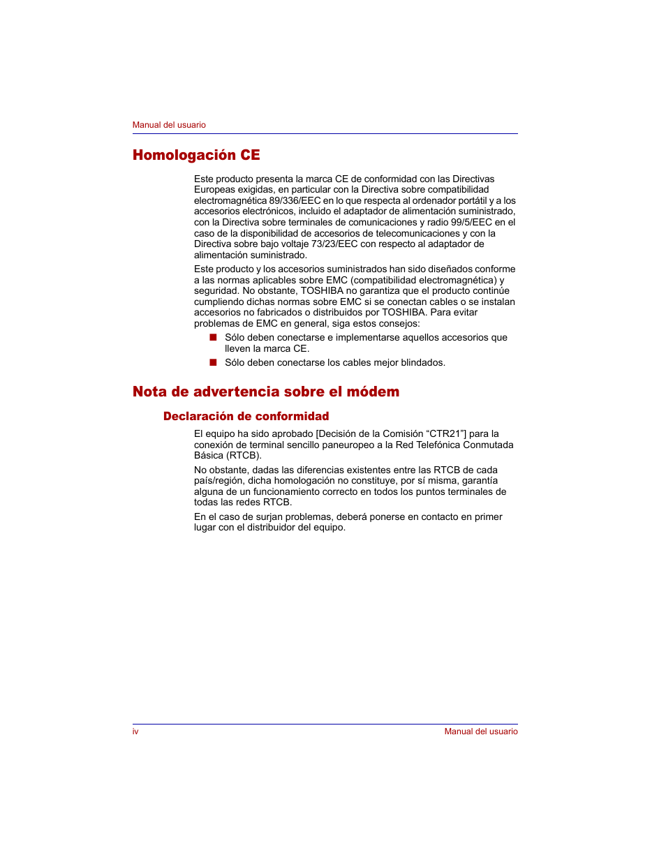 Homologación ce, Nota de advertencia sobre el módem | Toshiba Tecra M3 with VACF User Manual | Page 4 / 256