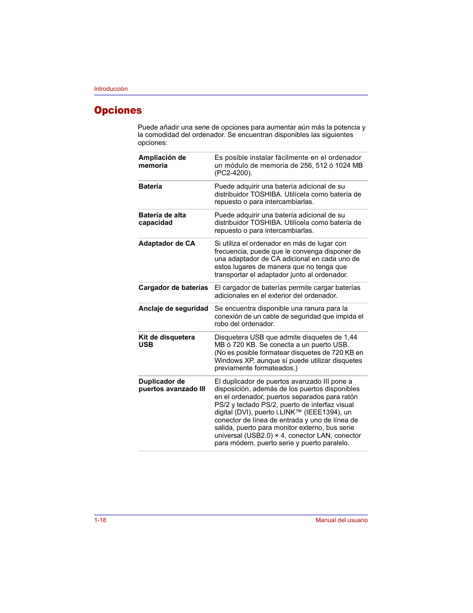 Opciones, Opciones -18 | Toshiba Tecra M3 with VACF User Manual | Page 40 / 256