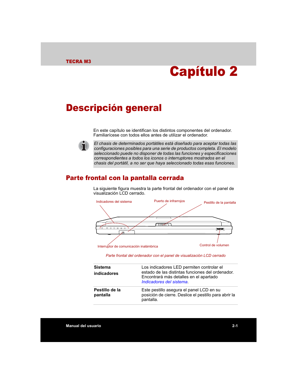 Capítulo 2 - descripción general, Parte frontal con la pantalla cerrada, Capítulo 2 | Descripción general, Parte frontal con la pantalla cerrada -1 | Toshiba Tecra M3 with VACF User Manual | Page 43 / 256