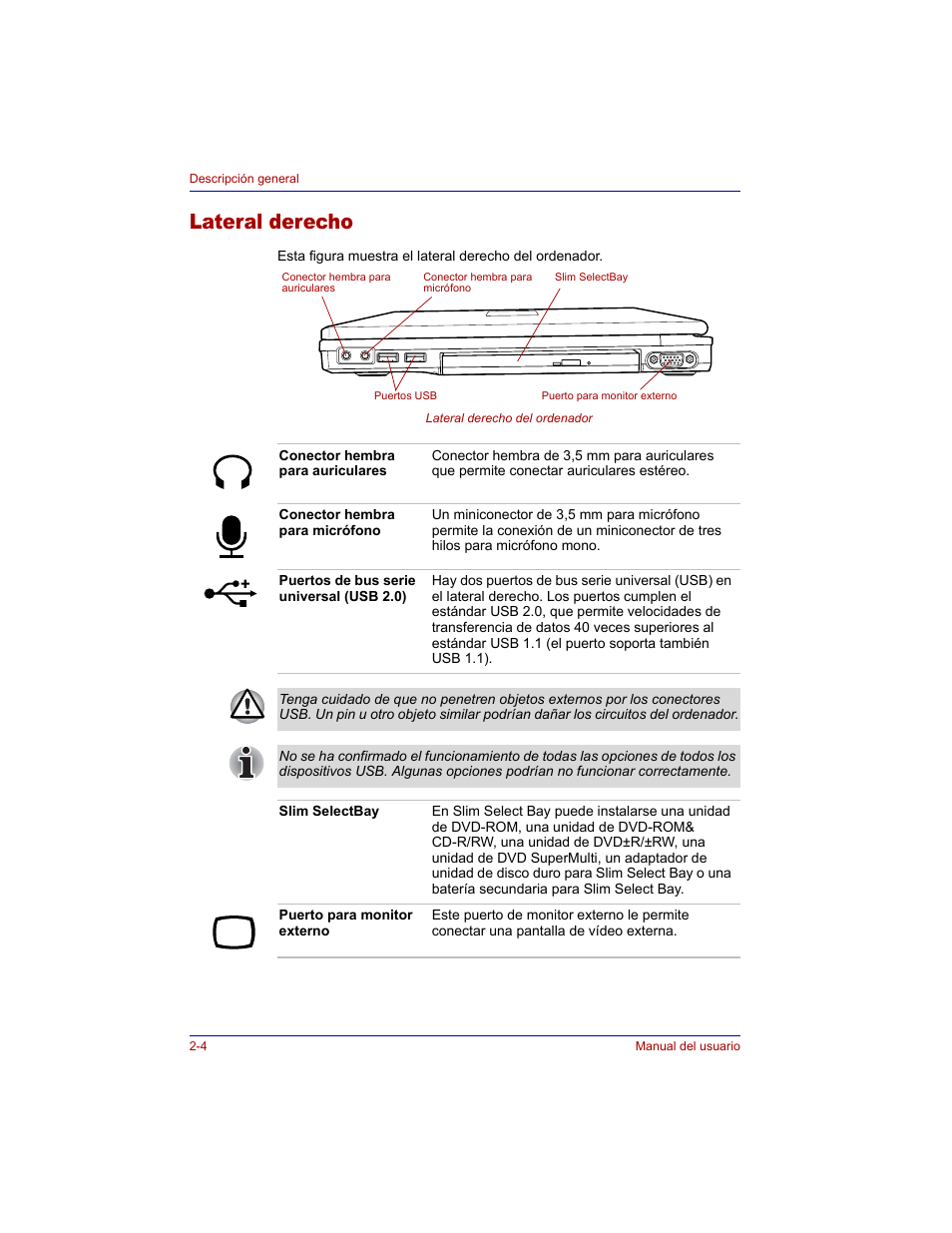 Lateral derecho, Lateral derecho -4 | Toshiba Tecra M3 with VACF User Manual | Page 46 / 256