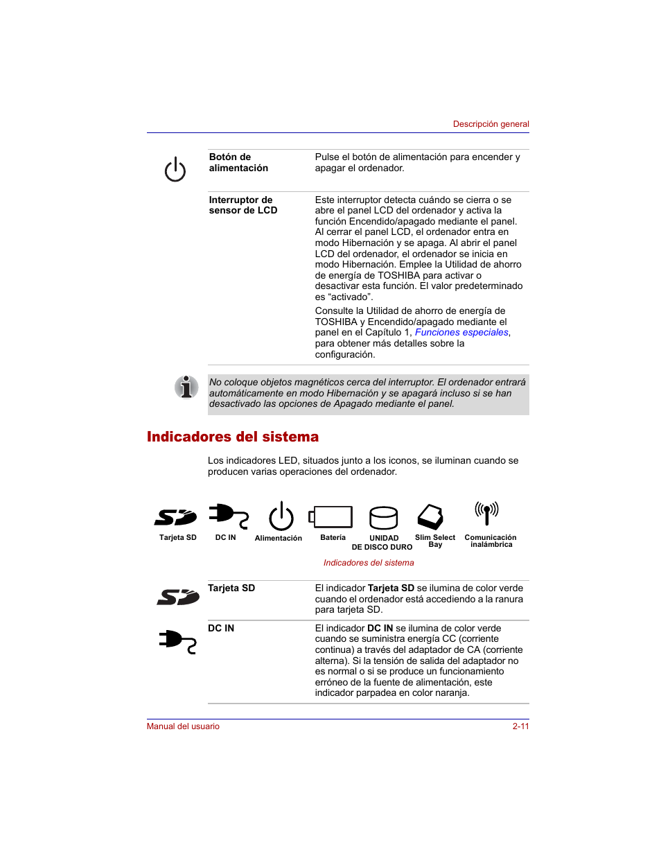 Indicadores del sistema, Indicadores del sistema -11 | Toshiba Tecra M3 with VACF User Manual | Page 53 / 256