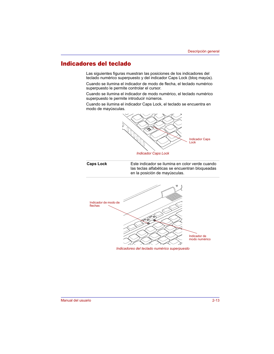 Indicadores del teclado, Indicadores del teclado -13 | Toshiba Tecra M3 with VACF User Manual | Page 55 / 256