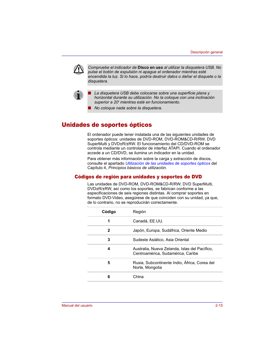 Unidades de soportes ópticos, Códigos de región para unidades y soportes de dvd, Unidades de soportes ópticos -15 | Toshiba Tecra M3 with VACF User Manual | Page 57 / 256