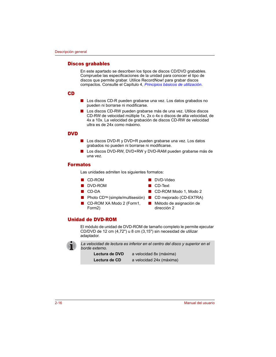 Discos grabables, Formatos, Unidad de dvd-rom | Toshiba Tecra M3 with VACF User Manual | Page 58 / 256