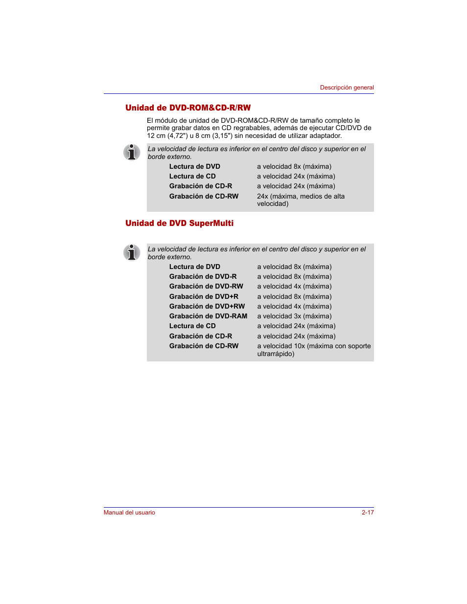 Unidad de dvd-rom&cd-r/rw, Unidad de dvd supermulti | Toshiba Tecra M3 with VACF User Manual | Page 59 / 256