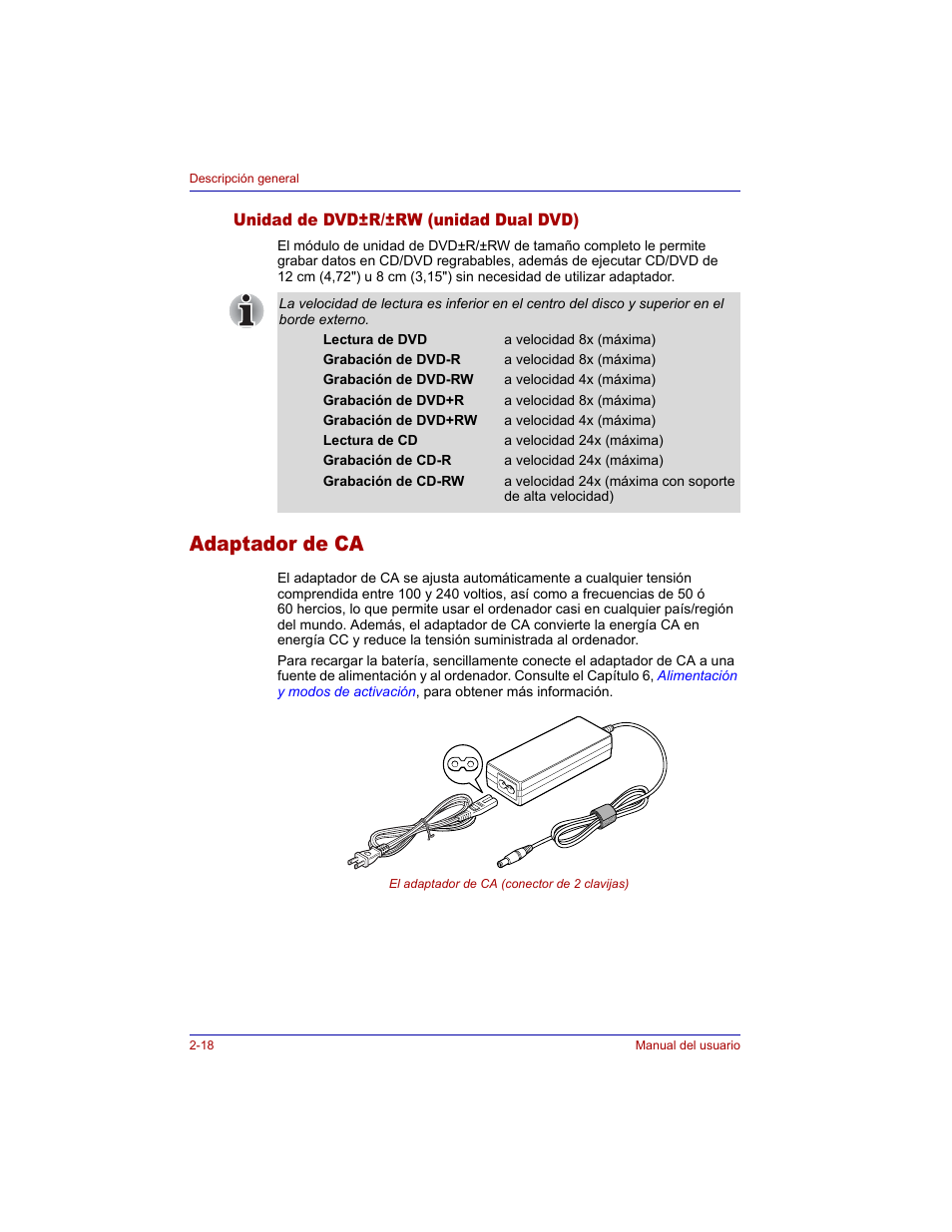 Unidad de dvd±r/±rw (unidad dual dvd), Adaptador de ca, Unidad de dvd±r/±rw (unidad dual dvd) -18 | Adaptador de ca -18 | Toshiba Tecra M3 with VACF User Manual | Page 60 / 256