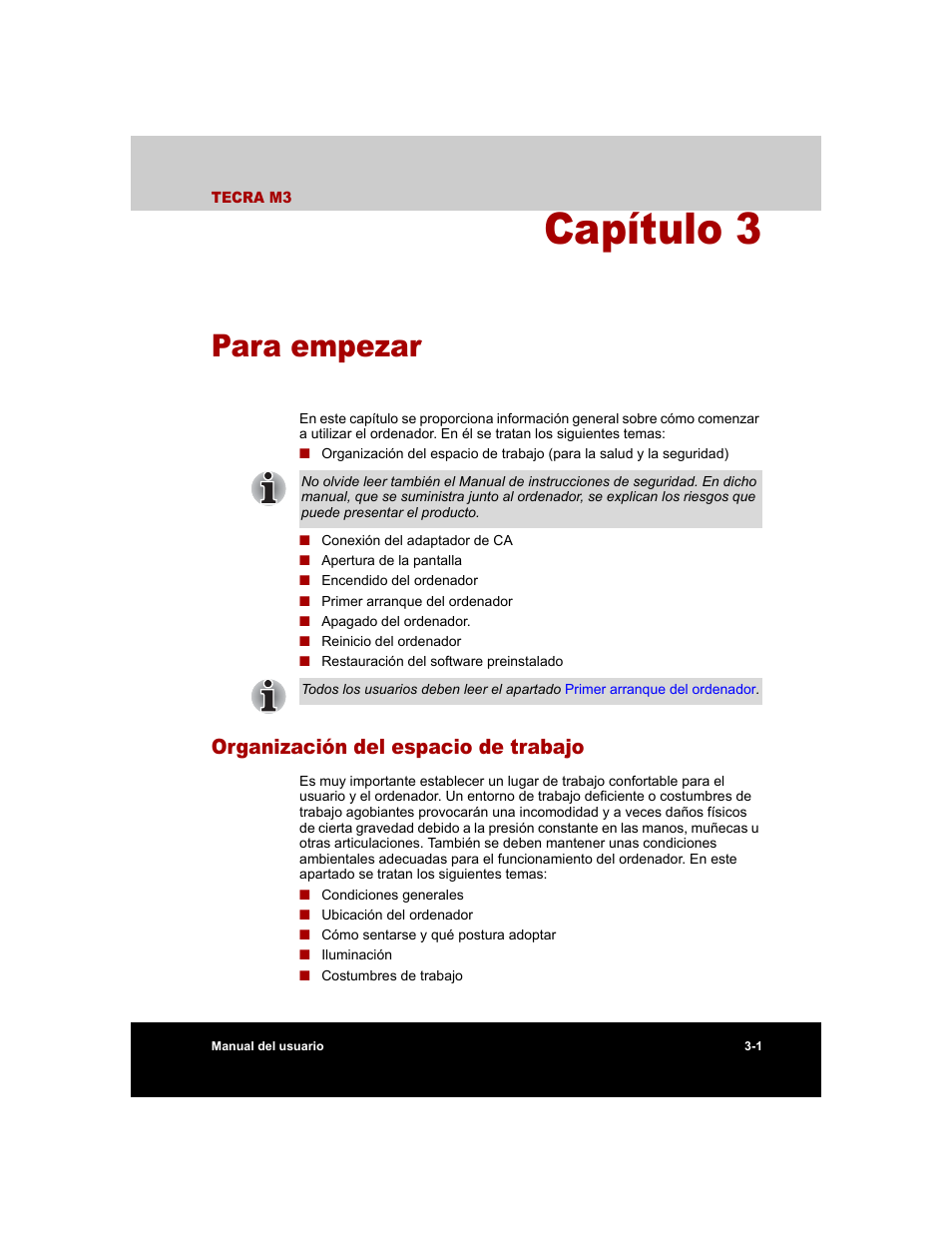 Capítulo 3 - para empezar, Organización del espacio de trabajo, Capítulo 3 | Para empezar, Organización del espacio de trabajo -1, Para, Empezar | Toshiba Tecra M3 with VACF User Manual | Page 63 / 256