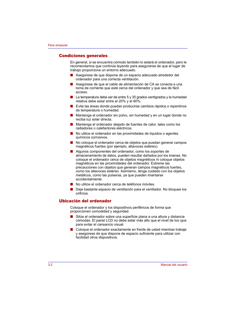 Condiciones generales, Ubicación del ordenador | Toshiba Tecra M3 with VACF User Manual | Page 64 / 256