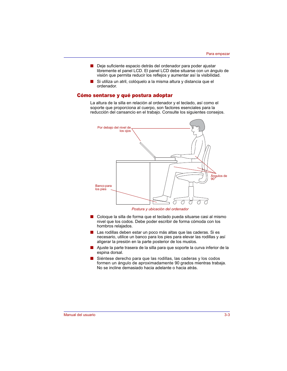 Cómo sentarse y qué postura adoptar, Cómo sentarse y qué postura adoptar -3 | Toshiba Tecra M3 with VACF User Manual | Page 65 / 256