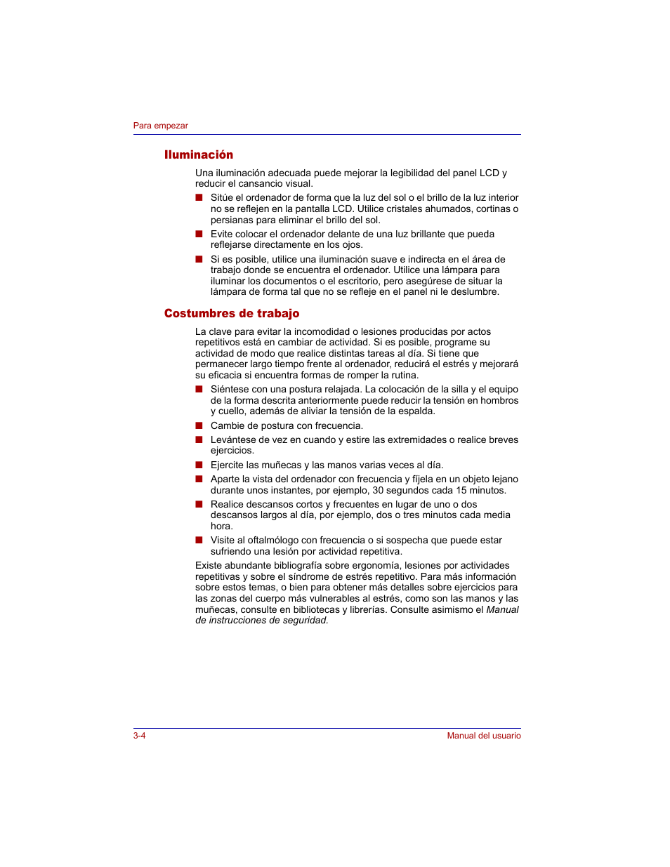 Iluminación, Costumbres de trabajo, Iluminación -4 costumbres de trabajo -4 | Toshiba Tecra M3 with VACF User Manual | Page 66 / 256