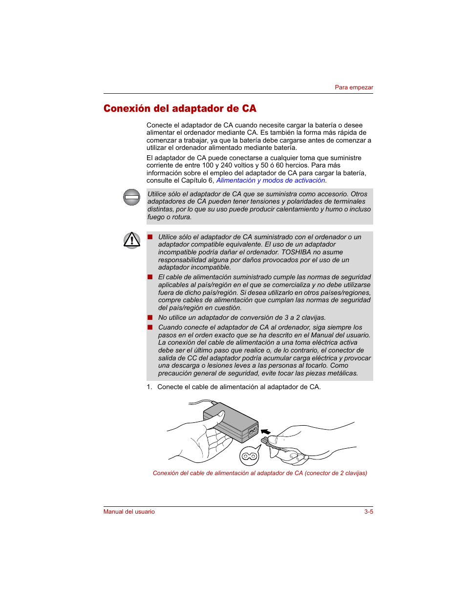 Conexión del adaptador de ca, Conexión del adaptador de ca -5 | Toshiba Tecra M3 with VACF User Manual | Page 67 / 256