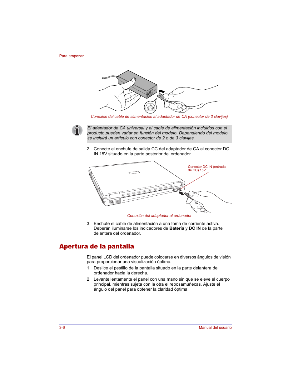 Apertura de la pantalla, Apertura de la pantalla -6 | Toshiba Tecra M3 with VACF User Manual | Page 68 / 256
